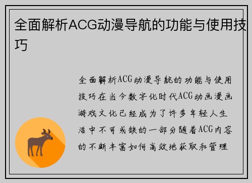 全面解析ACG动漫导航的功能与使用技巧